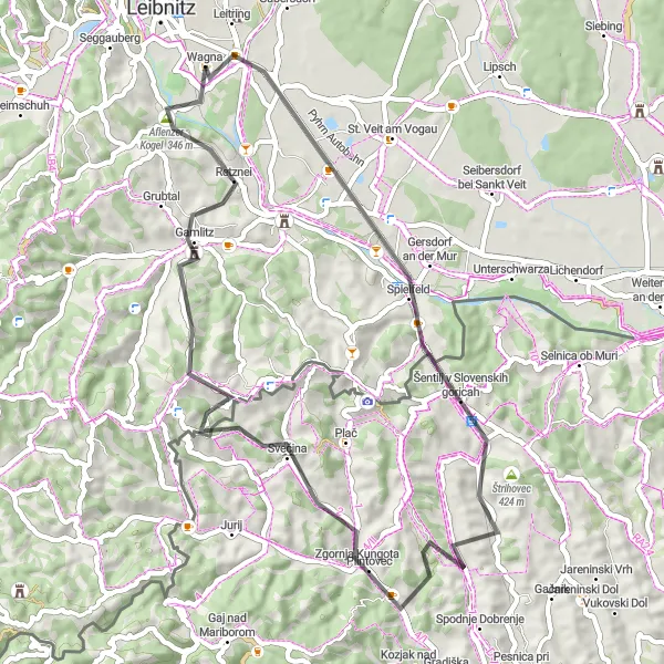 Map miniature of "Wagna Round Trip via Straß in Steiermark and Aflenzer Kogel" cycling inspiration in Steiermark, Austria. Generated by Tarmacs.app cycling route planner