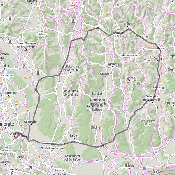 Zemljevid v pomanjšavi "Razburljiva kolesarska pot po Schwarzautalu" kolesarske inspiracije v Steiermark, Austria. Generirano z načrtovalcem kolesarskih poti Tarmacs.app