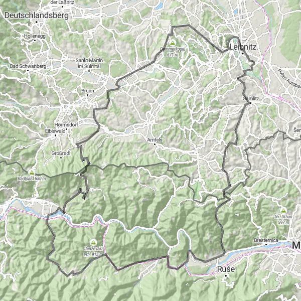 Karttaminiaatyyri "Pyöräilyretki Gamlitzista Kaindorf an der Sulmiin" pyöräilyinspiraatiosta alueella Steiermark, Austria. Luotu Tarmacs.app pyöräilyreittisuunnittelijalla