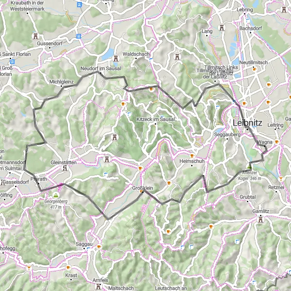 Miniatuurkaart van de fietsinspiratie "Wegrit van Wagna naar Hammerkogel en terug" in Steiermark, Austria. Gemaakt door de Tarmacs.app fietsrouteplanner