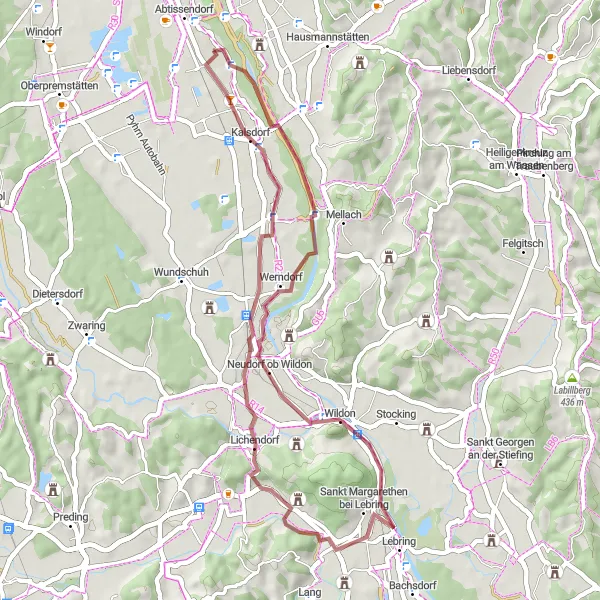 Karttaminiaatyyri "Tunnelmallinen kierros Werndorfista Wagnitziin" pyöräilyinspiraatiosta alueella Steiermark, Austria. Luotu Tarmacs.app pyöräilyreittisuunnittelijalla