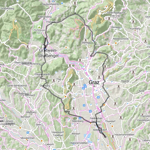 Zemljevid v pomanjšavi "Razgibana pot skozi pokrajino okoli Wagnitza" kolesarske inspiracije v Steiermark, Austria. Generirano z načrtovalcem kolesarskih poti Tarmacs.app