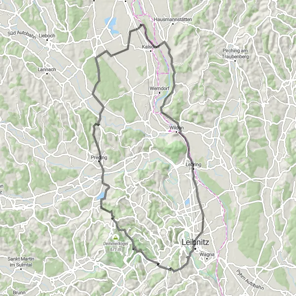Miniature de la carte de l'inspiration cycliste "Parcours panoramique autour de Wagnitz" dans la Steiermark, Austria. Générée par le planificateur d'itinéraire cycliste Tarmacs.app