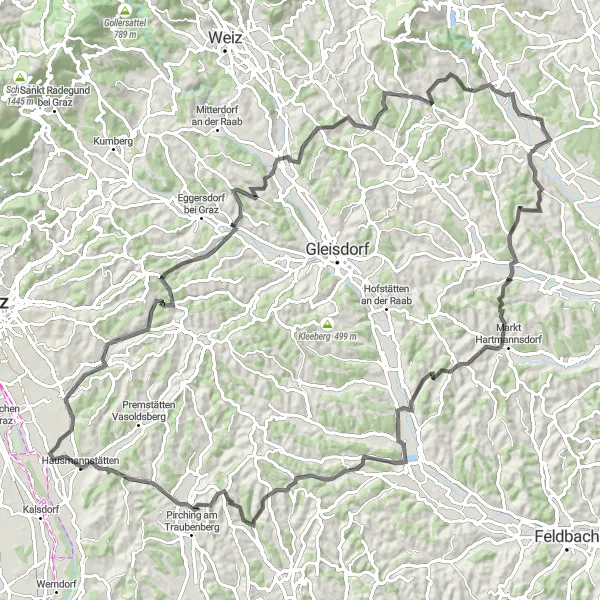 Zemljevid v pomanjšavi "Umetnost in narava v bližini Wagnitz" kolesarske inspiracije v Steiermark, Austria. Generirano z načrtovalcem kolesarskih poti Tarmacs.app