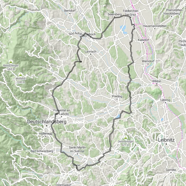 Miniature de la carte de l'inspiration cycliste "Balade à travers la Vallée de la Sulm" dans la Steiermark, Austria. Générée par le planificateur d'itinéraire cycliste Tarmacs.app