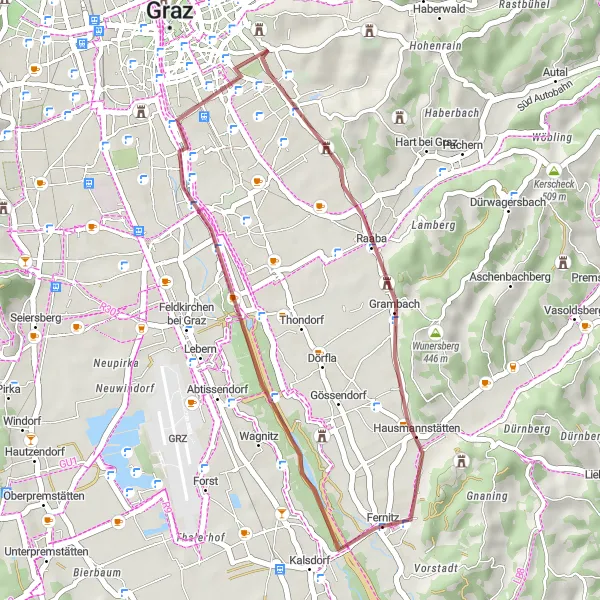 Kartminiatyr av "Grusvei sirkelrute fra Waltendorf" sykkelinspirasjon i Steiermark, Austria. Generert av Tarmacs.app sykkelrutoplanlegger