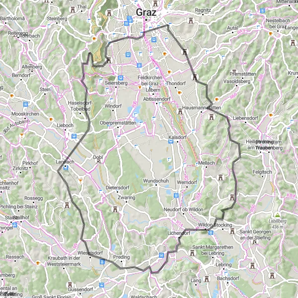 Kartminiatyr av "Gjennom Lannach til Gries" sykkelinspirasjon i Steiermark, Austria. Generert av Tarmacs.app sykkelrutoplanlegger