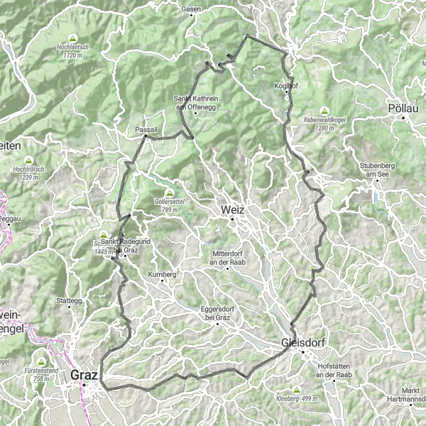 Mapa miniatúra "Významná trasa okolo Waltendorfu cez Passail a Koglhof" cyklistická inšpirácia v Steiermark, Austria. Vygenerované cyklistickým plánovačom trás Tarmacs.app