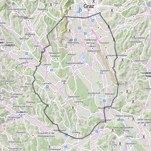 Miniature de la carte de l'inspiration cycliste "Boucle Road à Raaberkogel et Sankt Leonhard" dans la Steiermark, Austria. Générée par le planificateur d'itinéraire cycliste Tarmacs.app