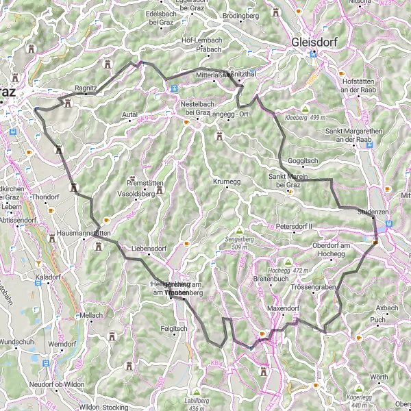 Miniatura della mappa di ispirazione al ciclismo "Giro in bicicletta da Waltendorf" nella regione di Steiermark, Austria. Generata da Tarmacs.app, pianificatore di rotte ciclistiche