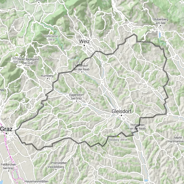 Mapa miniatúra "Náročná trasá cez Ries a Hofstätten an der Raab" cyklistická inšpirácia v Steiermark, Austria. Vygenerované cyklistickým plánovačom trás Tarmacs.app