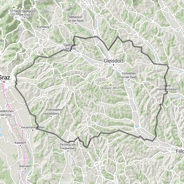 Miniature de la carte de l'inspiration cycliste "Boucle pittoresque de l'Est" dans la Steiermark, Austria. Générée par le planificateur d'itinéraire cycliste Tarmacs.app