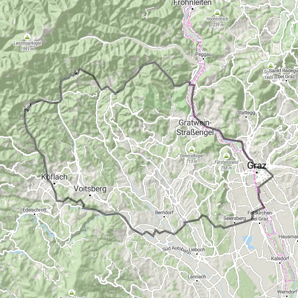Miniature de la carte de l'inspiration cycliste "Tour Road vers Seiersberg et Graz" dans la Steiermark, Austria. Générée par le planificateur d'itinéraire cycliste Tarmacs.app