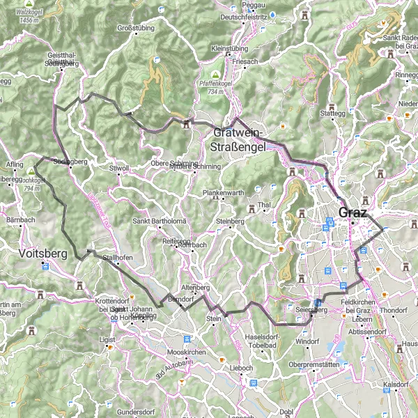 Zemljevid v pomanjšavi "Izzivajoča vožnja po cestah Štajerske" kolesarske inspiracije v Steiermark, Austria. Generirano z načrtovalcem kolesarskih poti Tarmacs.app