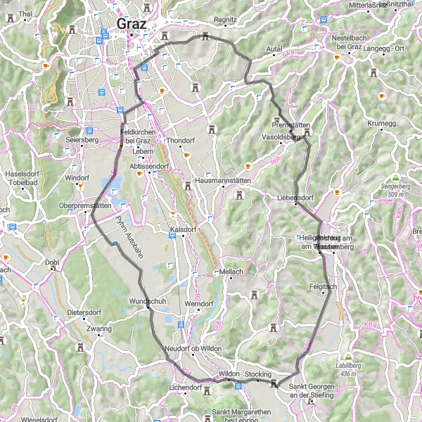 Karttaminiaatyyri "Lustbühel ja Wilde Schloßberg Tien Reitti" pyöräilyinspiraatiosta alueella Steiermark, Austria. Luotu Tarmacs.app pyöräilyreittisuunnittelijalla