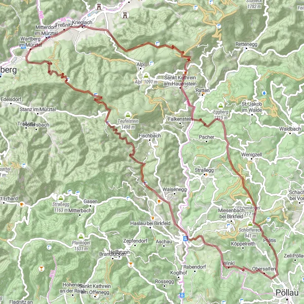 Miniaturní mapa "Gravelová cyklistická trasa Krieglach" inspirace pro cyklisty v oblasti Steiermark, Austria. Vytvořeno pomocí plánovače tras Tarmacs.app