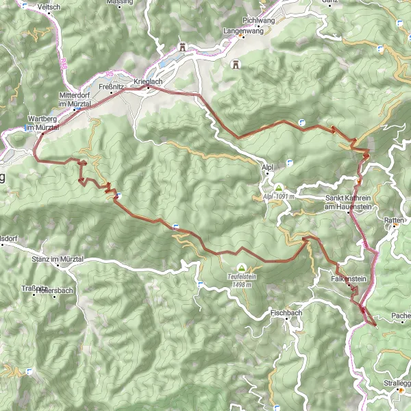 Miniatura della mappa di ispirazione al ciclismo "Tour in Gravel tra i Monti della Stiria" nella regione di Steiermark, Austria. Generata da Tarmacs.app, pianificatore di rotte ciclistiche