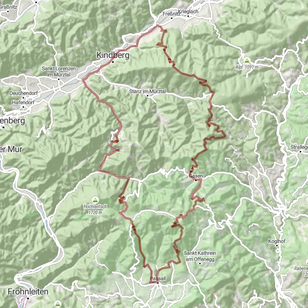 Miniatura della mappa di ispirazione al ciclismo "Tour delle Alpi Styrian Gravel" nella regione di Steiermark, Austria. Generata da Tarmacs.app, pianificatore di rotte ciclistiche