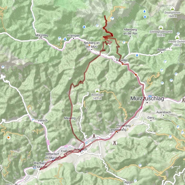 Zemljevid v pomanjšavi "Nevzdržna gravel dogodivščina" kolesarske inspiracije v Steiermark, Austria. Generirano z načrtovalcem kolesarskih poti Tarmacs.app