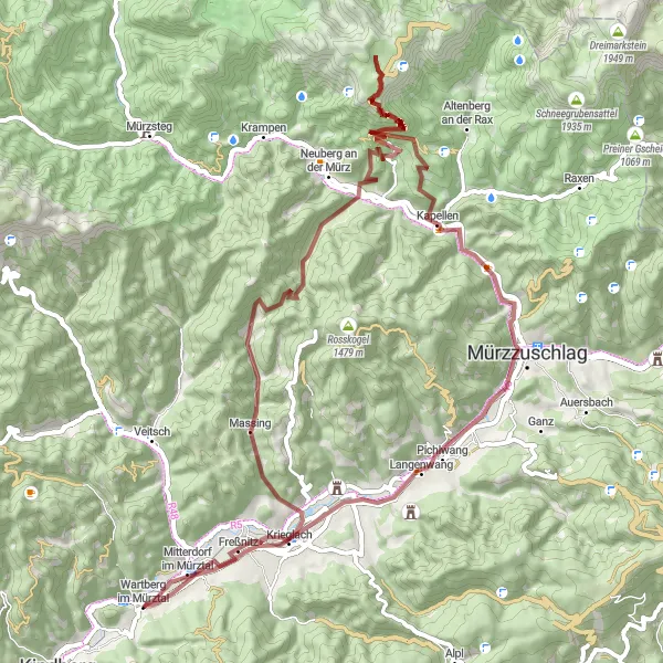 Karten-Miniaturansicht der Radinspiration "Tal der Kaiser - Almenrunde" in Steiermark, Austria. Erstellt vom Tarmacs.app-Routenplaner für Radtouren