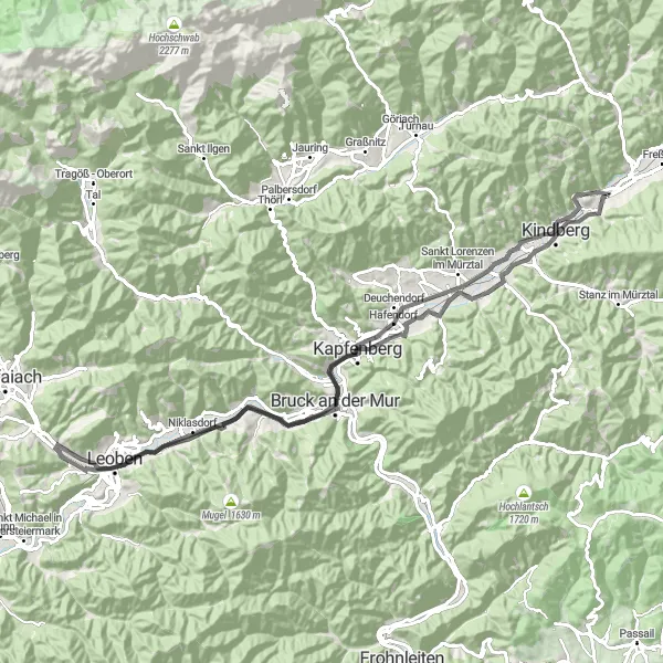 Miniatura della mappa di ispirazione al ciclismo "Giro stradale panoramico della Stiria" nella regione di Steiermark, Austria. Generata da Tarmacs.app, pianificatore di rotte ciclistiche