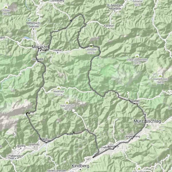 Miniaturní mapa "Krieglach a Mürzsteg na cestě " inspirace pro cyklisty v oblasti Steiermark, Austria. Vytvořeno pomocí plánovače tras Tarmacs.app