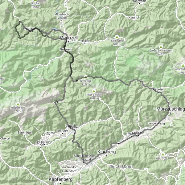 Mapa miniatúra "Road Cyklotrasa cez Mariazell" cyklistická inšpirácia v Steiermark, Austria. Vygenerované cyklistickým plánovačom trás Tarmacs.app