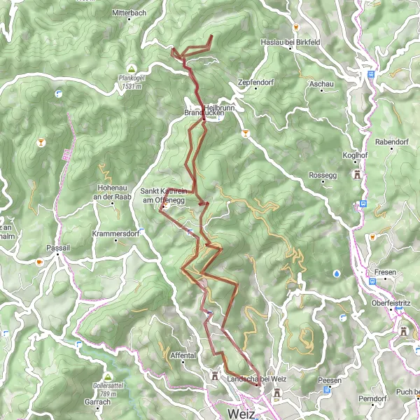 Miniatua del mapa de inspiración ciclista "Ruta de ciclismo en gravilla desde Weiz a Landschakogel" en Steiermark, Austria. Generado por Tarmacs.app planificador de rutas ciclistas