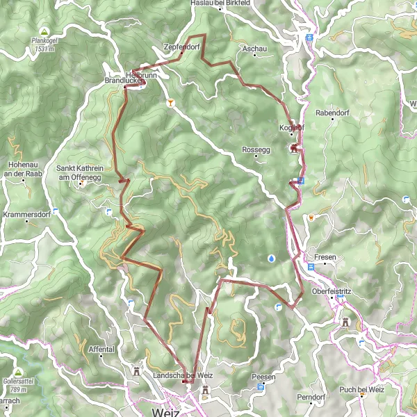 Mapa miniatúra "Gravel Hirschkogel Circuit" cyklistická inšpirácia v Steiermark, Austria. Vygenerované cyklistickým plánovačom trás Tarmacs.app