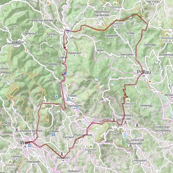 Map miniature of "Scenic Gravel Route" cycling inspiration in Steiermark, Austria. Generated by Tarmacs.app cycling route planner