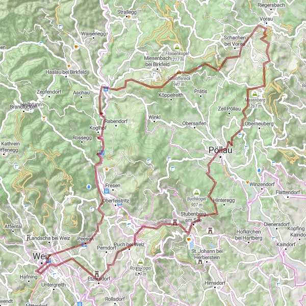 Miniature de la carte de l'inspiration cycliste "Le tour des collines de Weiz" dans la Steiermark, Austria. Générée par le planificateur d'itinéraire cycliste Tarmacs.app