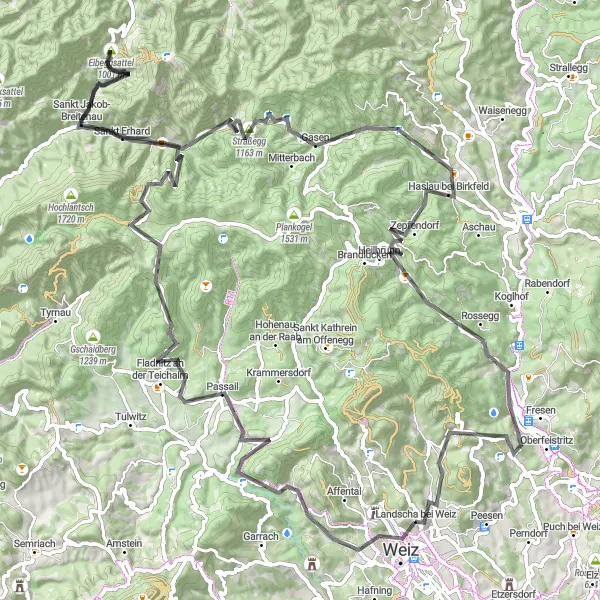 Miniatura della mappa di ispirazione al ciclismo "Sfide epiche tra montagne e paesaggi rurali" nella regione di Steiermark, Austria. Generata da Tarmacs.app, pianificatore di rotte ciclistiche