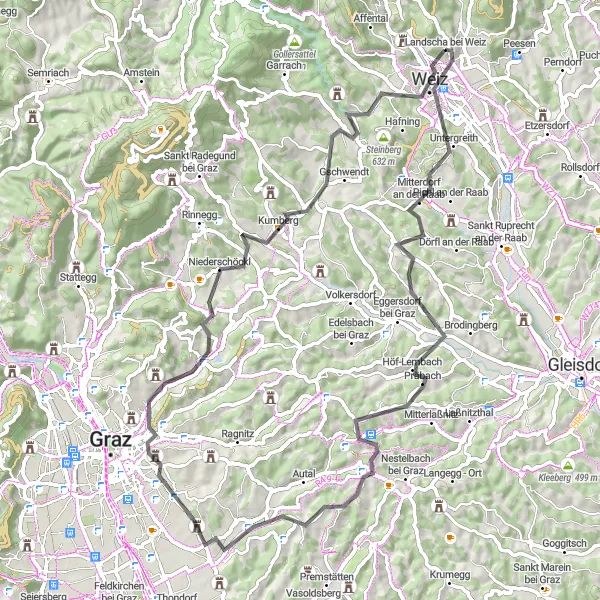 Zemljevid v pomanjšavi "Weiz - Hart bei Graz" kolesarske inspiracije v Steiermark, Austria. Generirano z načrtovalcem kolesarskih poti Tarmacs.app