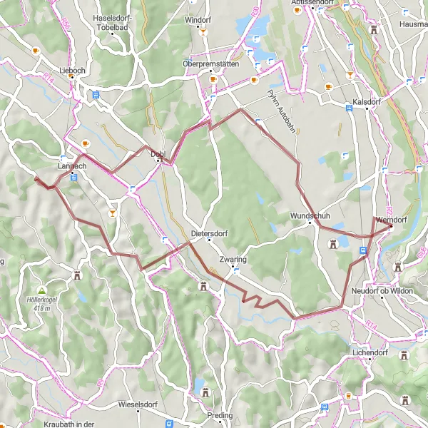 Zemljevid v pomanjšavi "Werndorf - Zettling Gravel Adventure" kolesarske inspiracije v Steiermark, Austria. Generirano z načrtovalcem kolesarskih poti Tarmacs.app