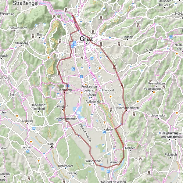Kartminiatyr av "Grusvei rundtur med høydepunkter nær Werndorf" sykkelinspirasjon i Steiermark, Austria. Generert av Tarmacs.app sykkelrutoplanlegger