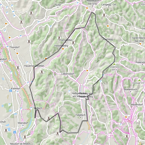Karttaminiaatyyri "Kaunis reitti läpi luonnon" pyöräilyinspiraatiosta alueella Steiermark, Austria. Luotu Tarmacs.app pyöräilyreittisuunnittelijalla