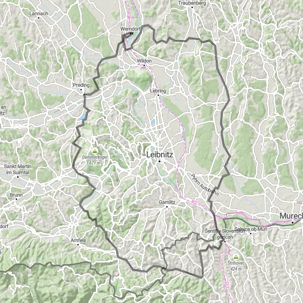 Miniature de la carte de l'inspiration cycliste "Tour panoramique à travers la Styrie" dans la Steiermark, Austria. Générée par le planificateur d'itinéraire cycliste Tarmacs.app