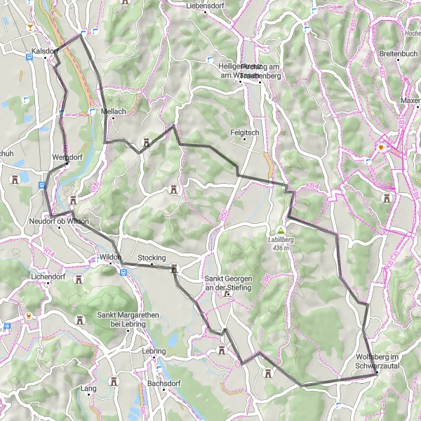 Miniaturní mapa "Cyklistická trasa do Stockingu" inspirace pro cyklisty v oblasti Steiermark, Austria. Vytvořeno pomocí plánovače tras Tarmacs.app