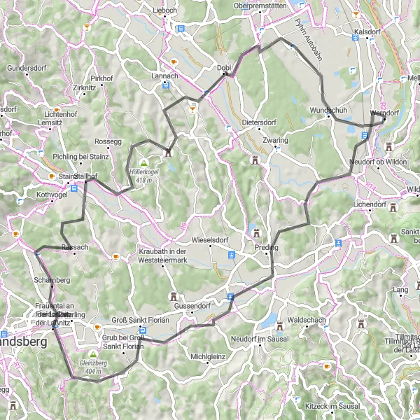 Map miniature of "Werndorf to Wundschuh Road Cycling Loop" cycling inspiration in Steiermark, Austria. Generated by Tarmacs.app cycling route planner