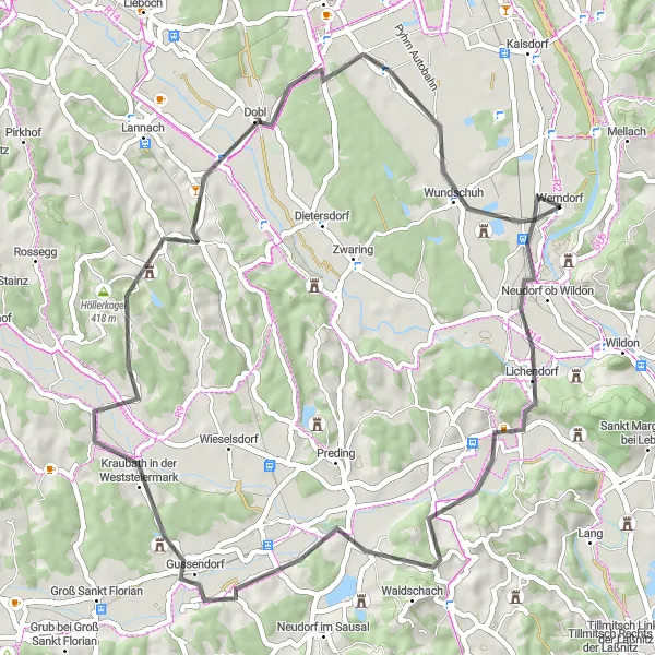 Miniatuurkaart van de fietsinspiratie "Weg van de Wijngaarden" in Steiermark, Austria. Gemaakt door de Tarmacs.app fietsrouteplanner