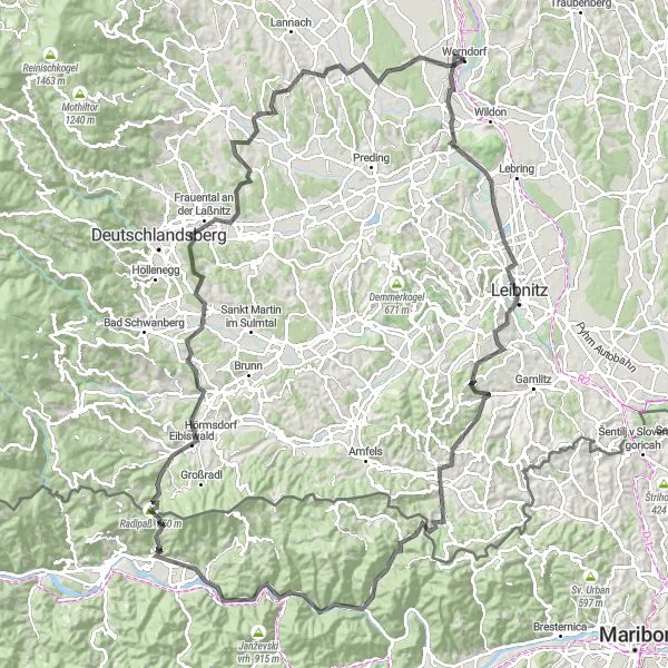 Kartminiatyr av "Eventyrlig sykkeltur til Wundschuh" sykkelinspirasjon i Steiermark, Austria. Generert av Tarmacs.app sykkelrutoplanlegger