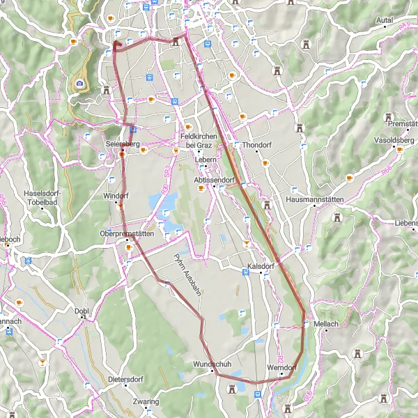 Miniaturní mapa "Gravelový výlet ke Gries" inspirace pro cyklisty v oblasti Steiermark, Austria. Vytvořeno pomocí plánovače tras Tarmacs.app
