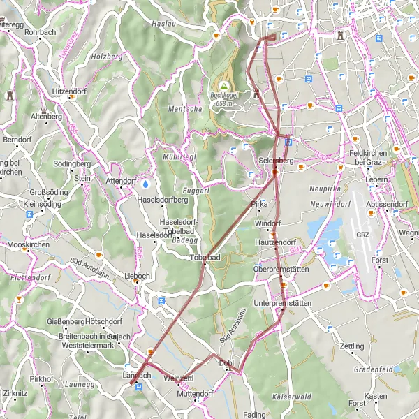 Miniatua del mapa de inspiración ciclista "Ruta de grava por Wetzelsdorf" en Steiermark, Austria. Generado por Tarmacs.app planificador de rutas ciclistas