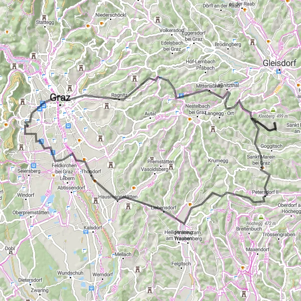 Map miniature of "Schlossberg and Graz" cycling inspiration in Steiermark, Austria. Generated by Tarmacs.app cycling route planner