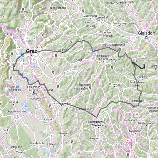 Zemljevid v pomanjšavi "Kolesarjenje po cestah okoli Wetzelsdorfa" kolesarske inspiracije v Steiermark, Austria. Generirano z načrtovalcem kolesarskih poti Tarmacs.app