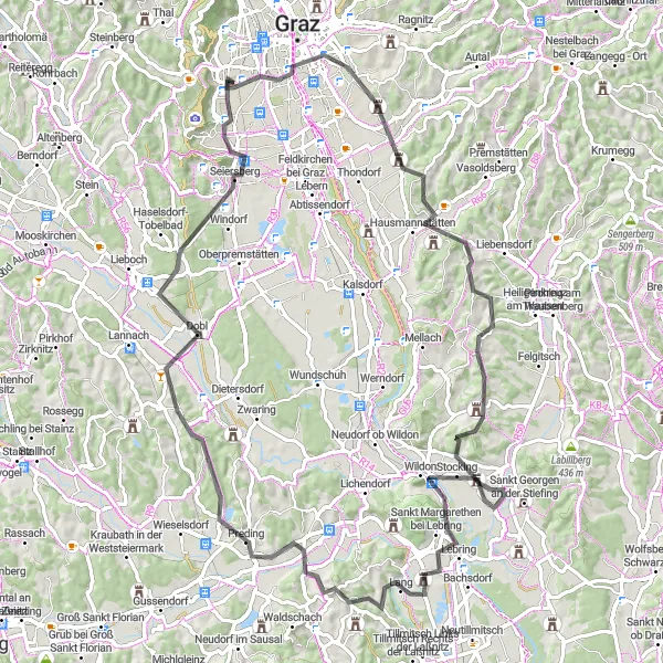 Miniaturní mapa "Vyjížďka po Weinlandu a okolí" inspirace pro cyklisty v oblasti Steiermark, Austria. Vytvořeno pomocí plánovače tras Tarmacs.app