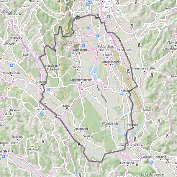 Miniature de la carte de l'inspiration cycliste "Boucle vers Mantscha" dans la Steiermark, Austria. Générée par le planificateur d'itinéraire cycliste Tarmacs.app