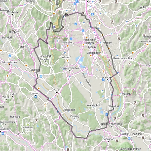 Mapa miniatúra "Cyklistická trasa cez Haselsdorf-Tobelbad" cyklistická inšpirácia v Steiermark, Austria. Vygenerované cyklistickým plánovačom trás Tarmacs.app