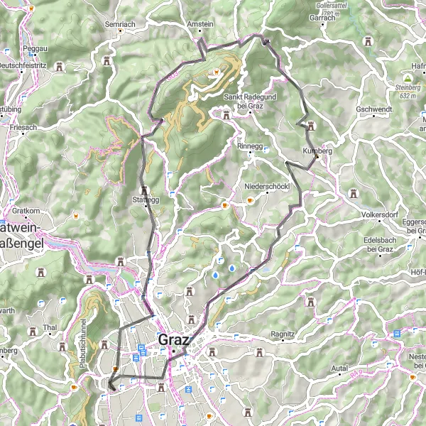 Miniatua del mapa de inspiración ciclista "Recorrido panorámico por el Schöckl y Graz" en Steiermark, Austria. Generado por Tarmacs.app planificador de rutas ciclistas