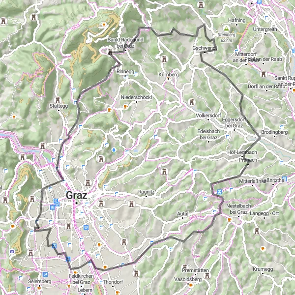Miniatura della mappa di ispirazione al ciclismo "Scopri la bellezza dei colli della Stiria in bicicletta" nella regione di Steiermark, Austria. Generata da Tarmacs.app, pianificatore di rotte ciclistiche